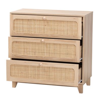 Elsbeth Japandi Oak Brown Finished Wood and Natural Rattan 3-Drawer Storage Cabinet