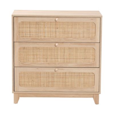 Elsbeth Japandi Oak Brown Finished Wood and Natural Rattan 3-Drawer Storage Cabinet