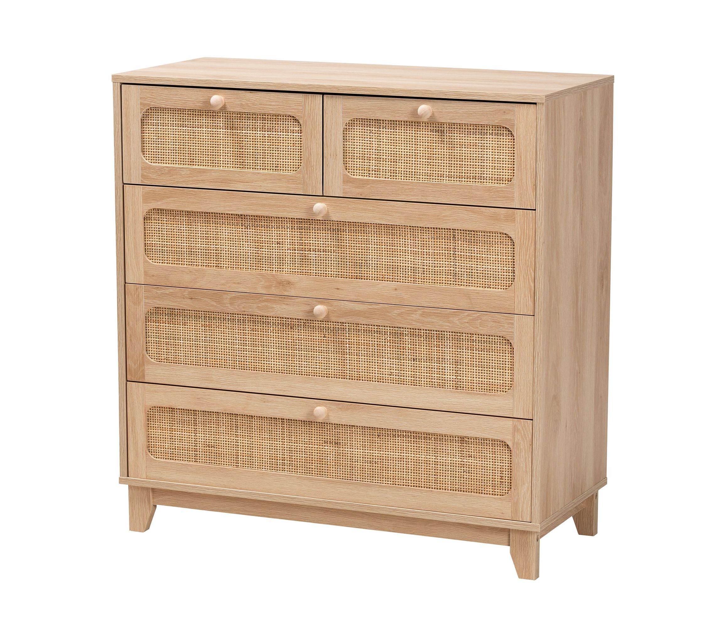Elsbeth Mid-Century Modern Oak Brown Finished Wood and Natural Rattan 5-Drawer Storage Cabinet