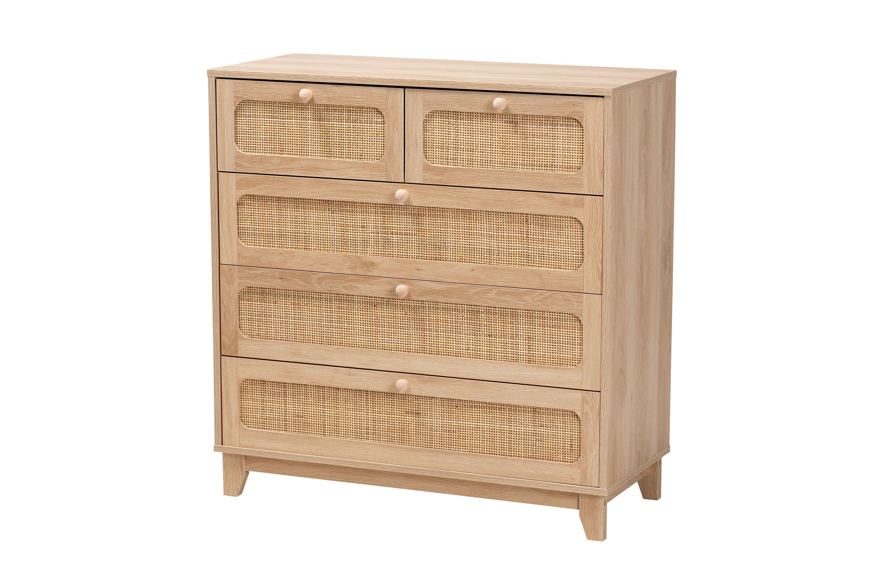 Elsbeth Mid-Century Modern Oak Brown Finished Wood and Natural Rattan 5-Drawer Storage Cabinet