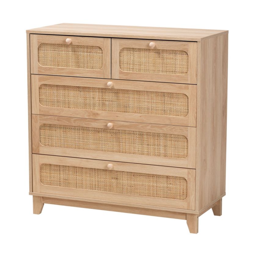 Elsbeth Mid-Century Modern Oak Brown Finished Wood and Natural Rattan 5-Drawer Storage Cabinet