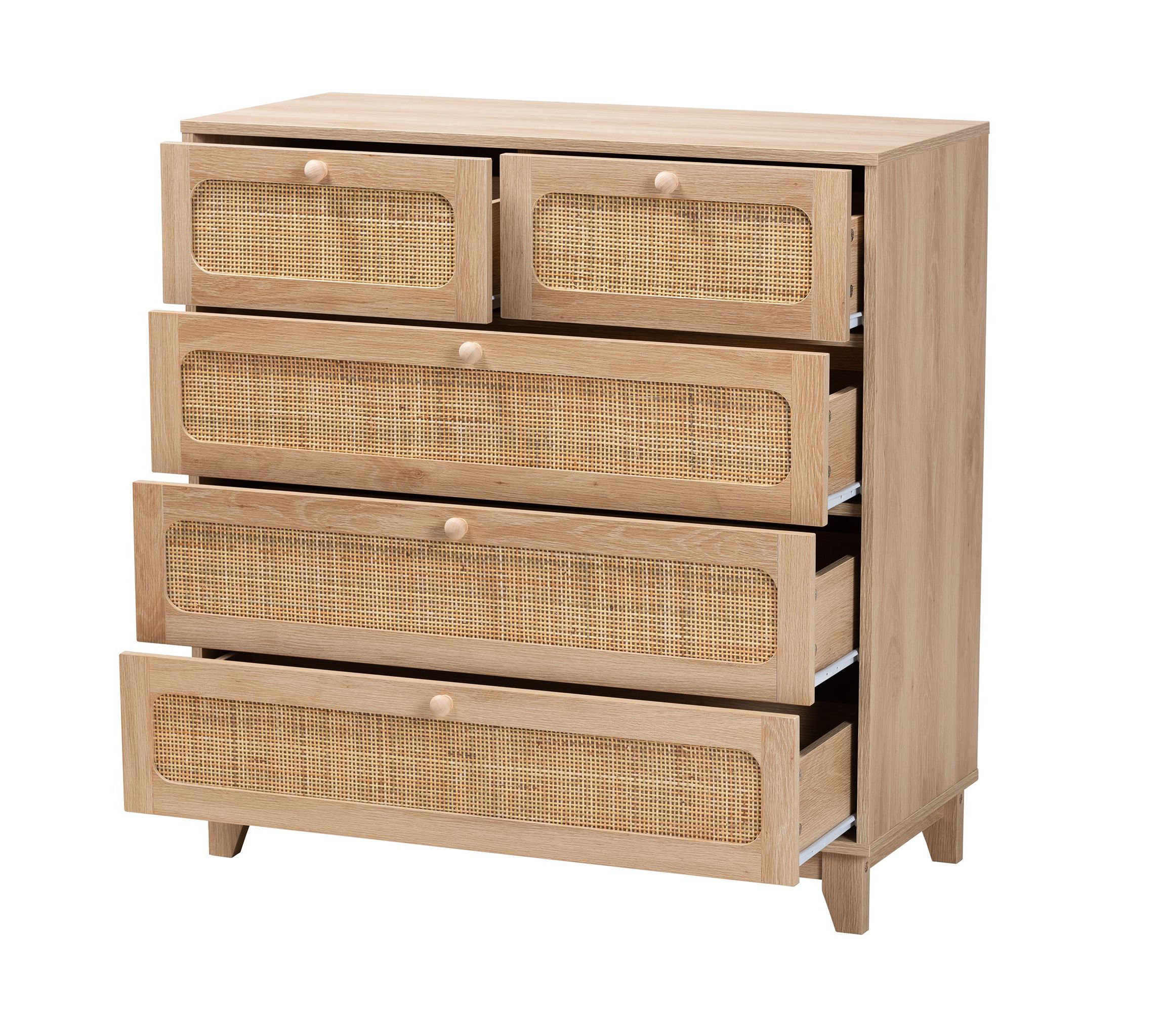 Elsbeth Mid-Century Modern Oak Brown Finished Wood and Natural Rattan 5-Drawer Storage Cabinet