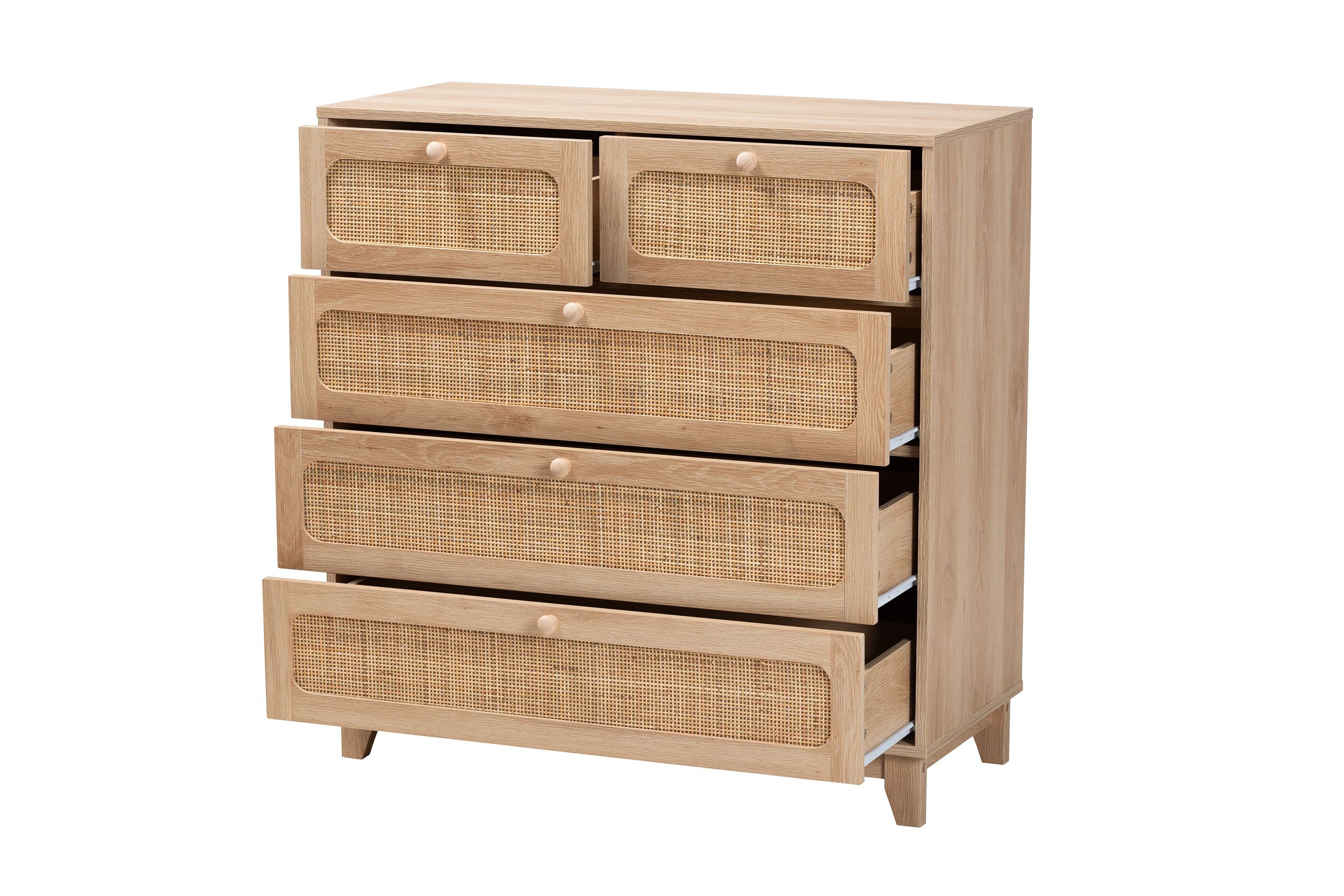 Elsbeth Mid-Century Modern Oak Brown Finished Wood and Natural Rattan 5-Drawer Storage Cabinet