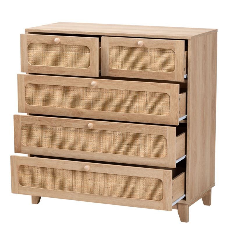 Elsbeth Mid-Century Modern Oak Brown Finished Wood and Natural Rattan 5-Drawer Storage Cabinet