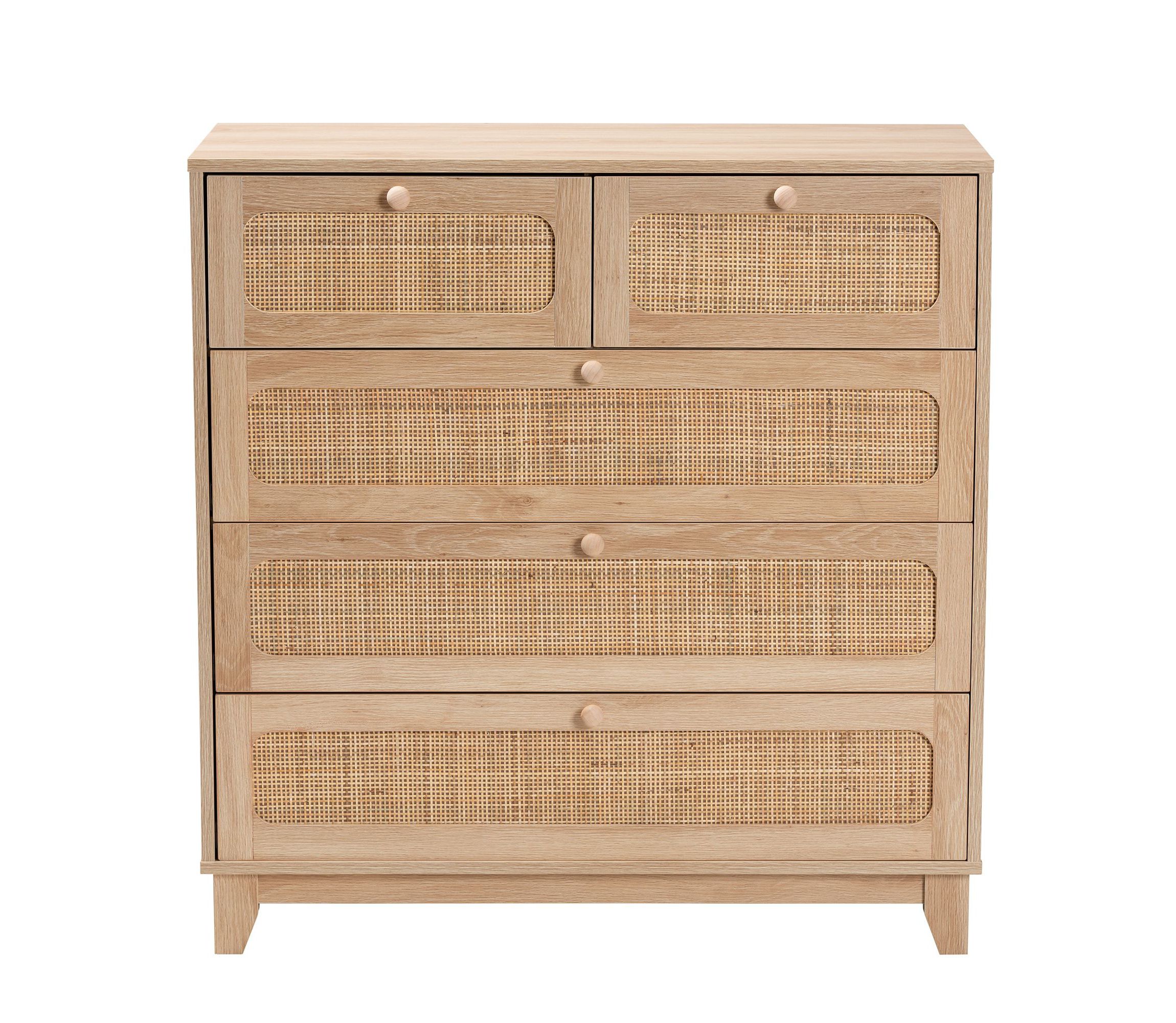 Elsbeth Mid-Century Modern Oak Brown Finished Wood and Natural Rattan 5-Drawer Storage Cabinet