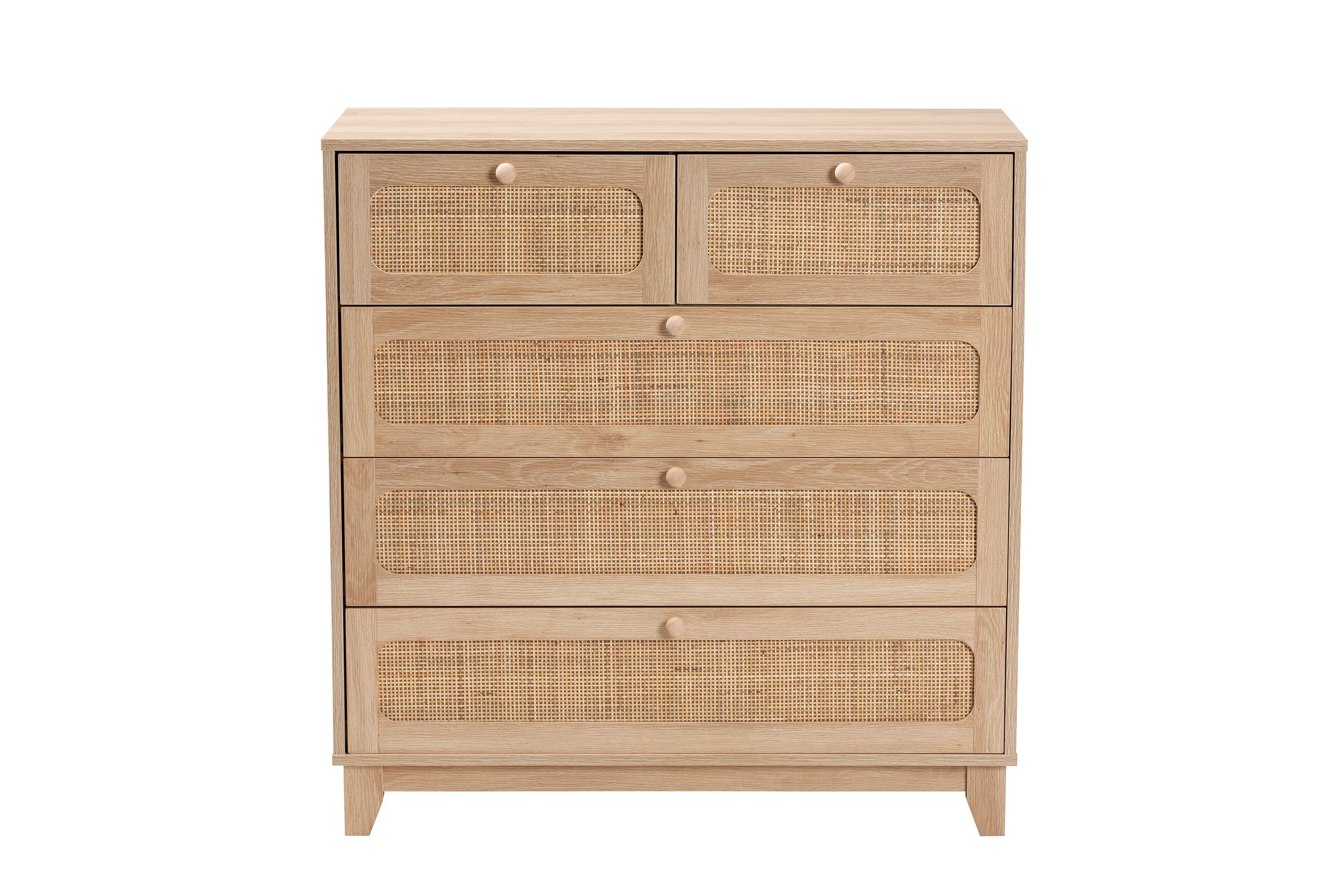 Elsbeth Mid-Century Modern Oak Brown Finished Wood and Natural Rattan 5-Drawer Storage Cabinet