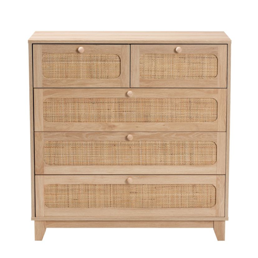 Elsbeth Mid-Century Modern Oak Brown Finished Wood and Natural Rattan 5-Drawer Storage Cabinet