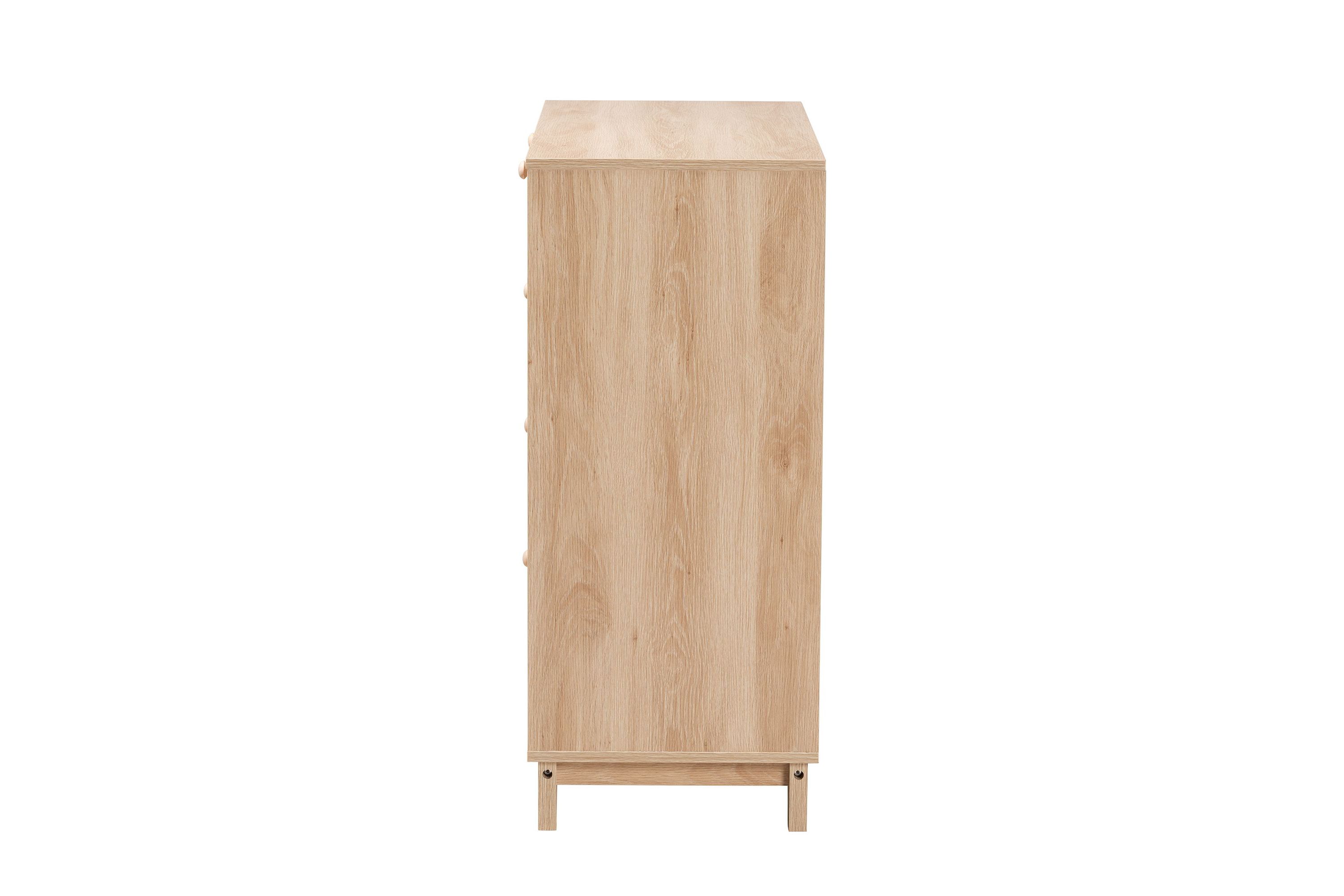 Elsbeth Mid-Century Modern Oak Brown Finished Wood and Natural Rattan 5-Drawer Storage Cabinet