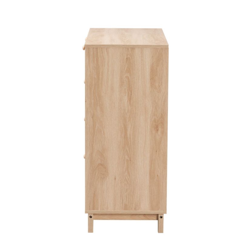 Elsbeth Mid-Century Modern Oak Brown Finished Wood and Natural Rattan 5-Drawer Storage Cabinet