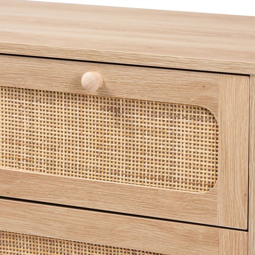 Elsbeth Mid-Century Modern Oak Brown Finished Wood and Natural Rattan 5-Drawer Storage Cabinet