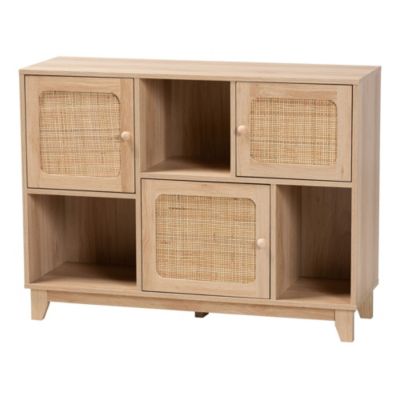 Elsbeth Mid-Century Modern Light Brown Finished Wood and Natural Rattan 3-Door Sideboard