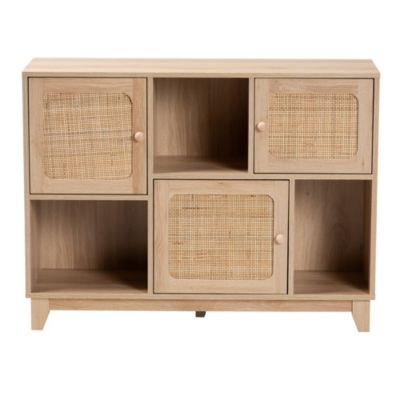 Elsbeth Mid-Century Modern Light Brown Finished Wood and Natural Rattan 3-Door Sideboard