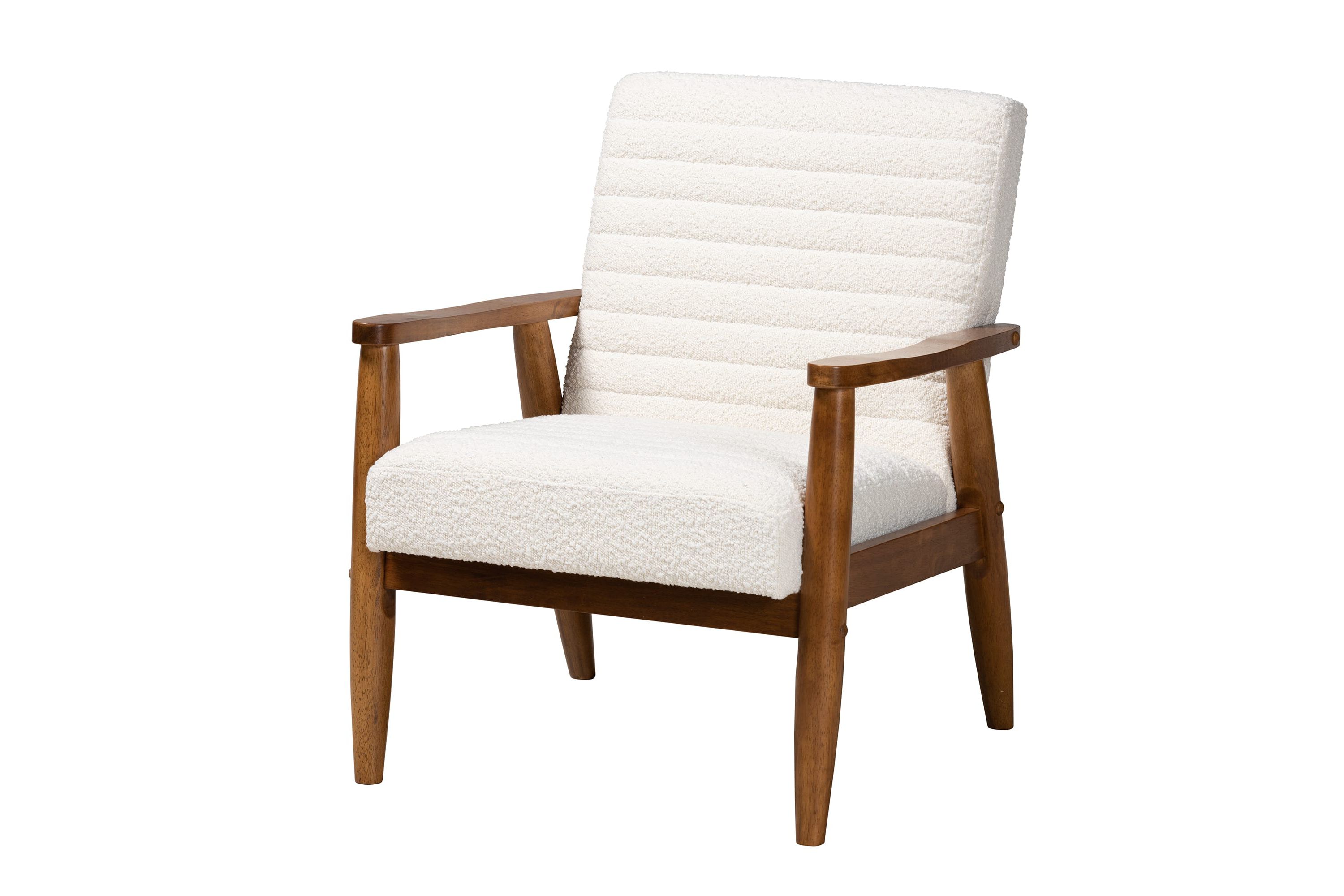 Stratton Mid-Century Modern Cream Boucle Fabric and Walnut Brown Finished Wood Armchair