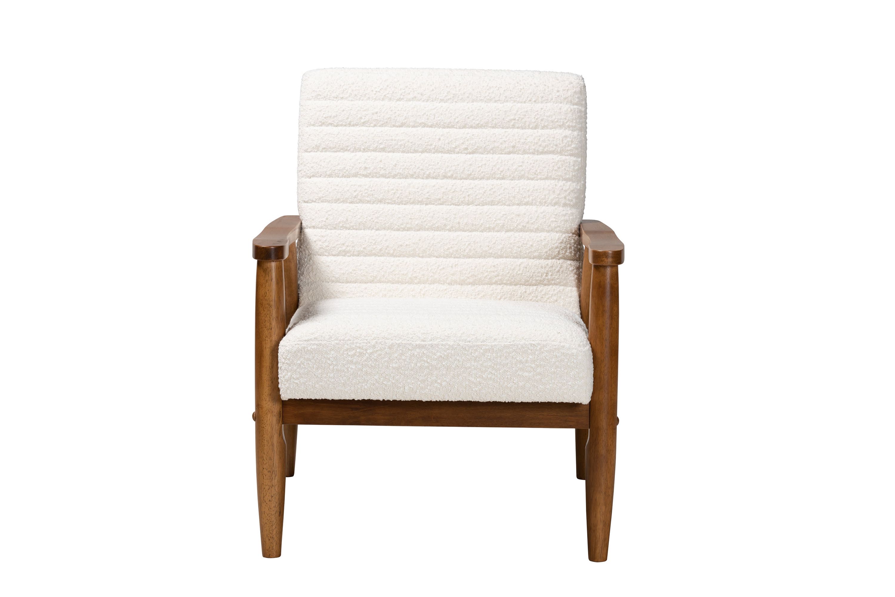 Stratton Mid-Century Modern Cream Boucle Fabric and Walnut Brown Finished Wood Armchair