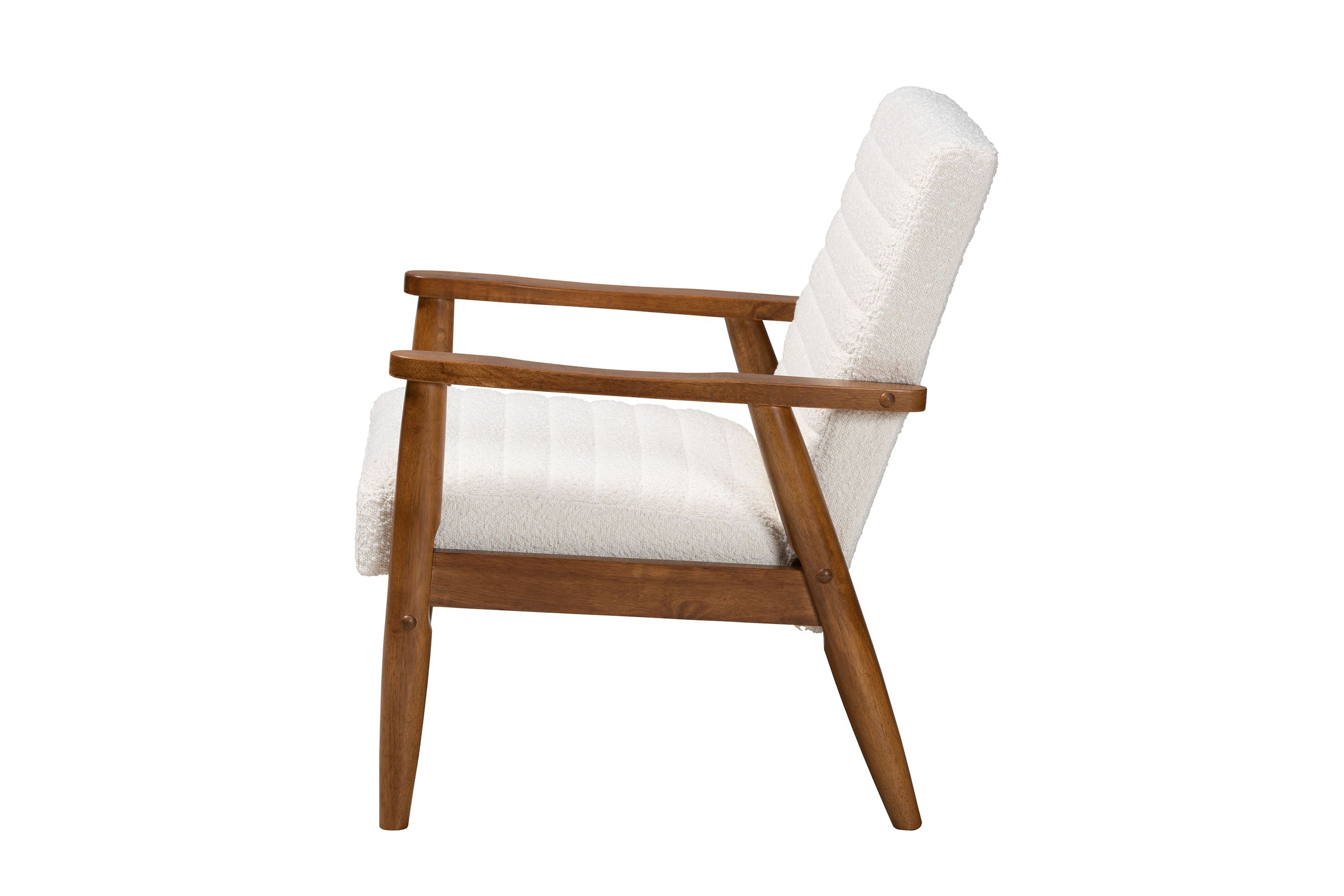 Stratton Mid-Century Modern Cream Boucle Fabric and Walnut Brown Finished Wood Armchair