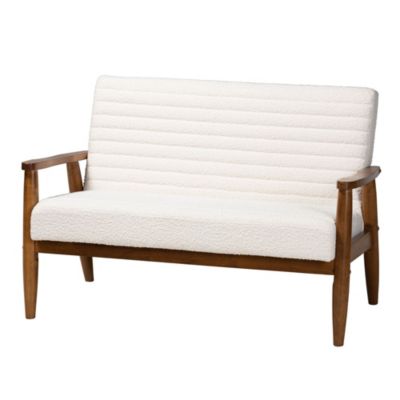 Baxton Studio Stratton Mid-Century Modern Cream Boucle Fabric and Walnut Brown Finished Wood Loveseat, White