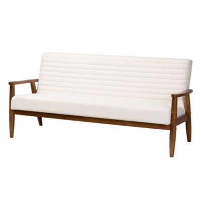 Stratton Mid-Century Modern Cream Boucle Fabric and Walnut Brown Finished Wood Sofa