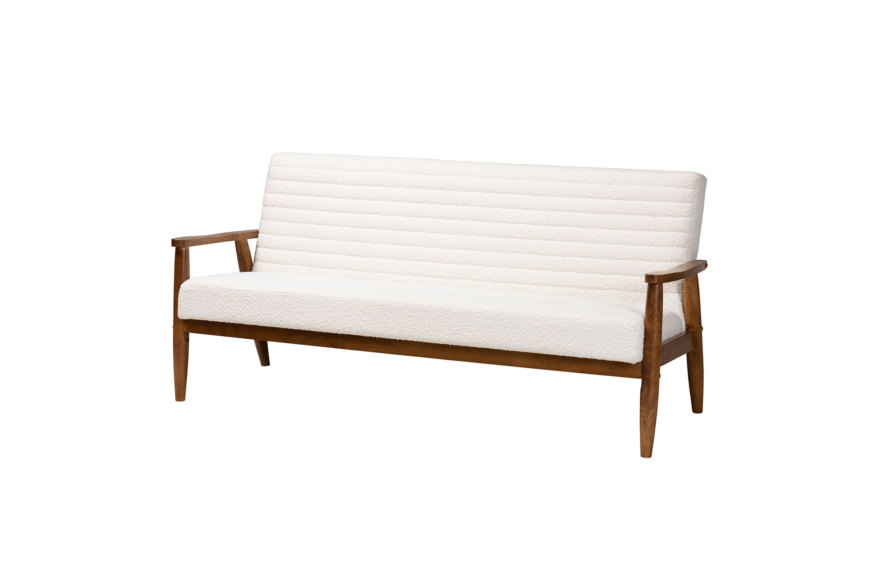 Stratton Mid-Century Modern Cream Boucle Fabric and Walnut Brown Finished Wood Sofa