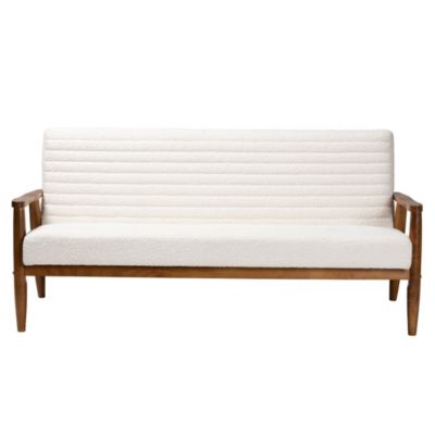 Stratton Mid-Century Modern Cream Boucle Fabric and Walnut Brown Finished Wood Sofa