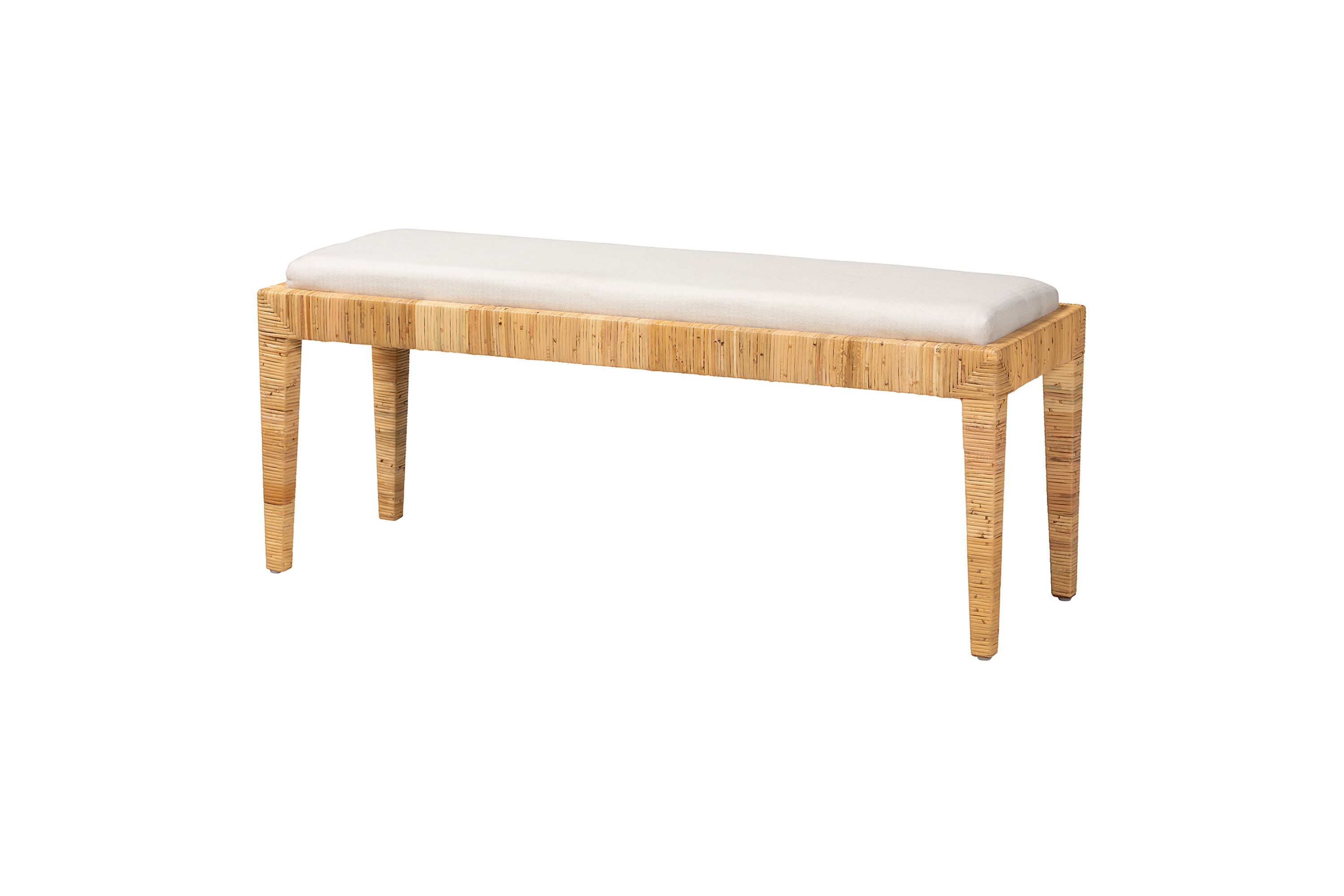Sofia Modern Bohemian Natural Brown Rattan and Mahogany Wood Bench