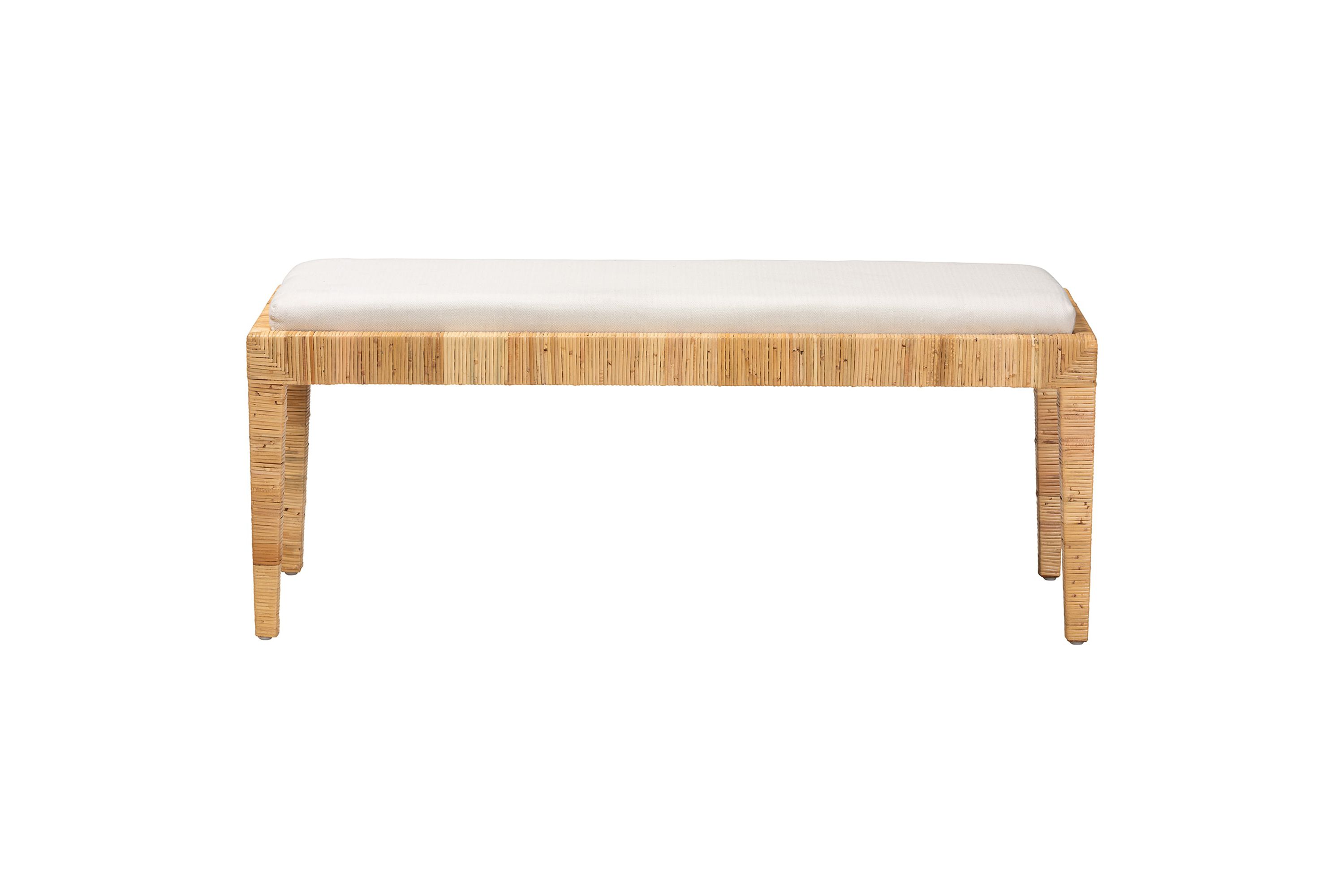 Sofia Modern Bohemian Natural Brown Rattan and Mahogany Wood Bench