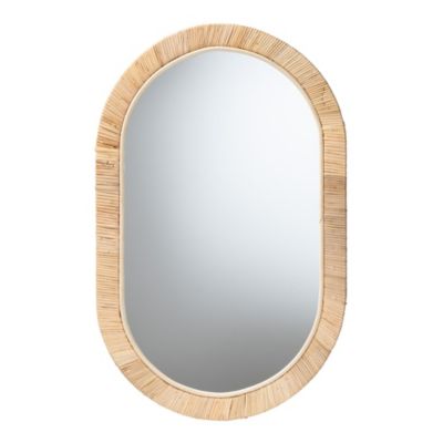 Baxton Studio Bella Modern Bohemian Natural Brown Mahognay Wood and Natural Rattan Oval Mirror
