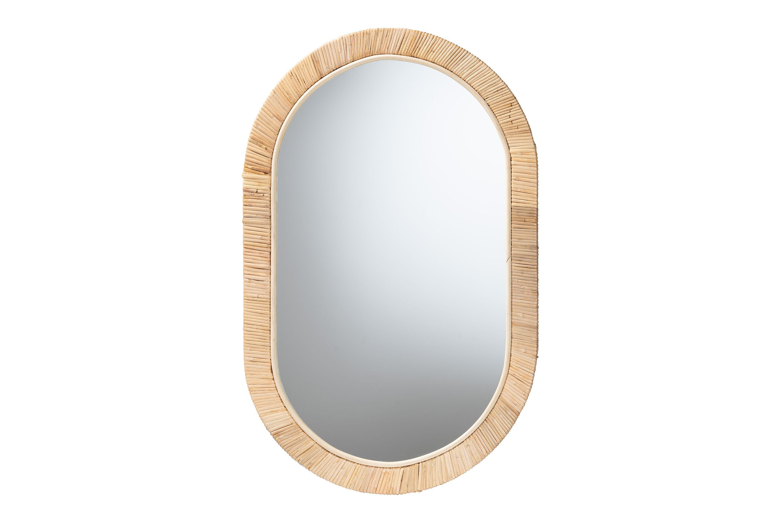 Bella Modern Bohemian Natural Brown Mahognay Wood and Natural Rattan Oval Mirror