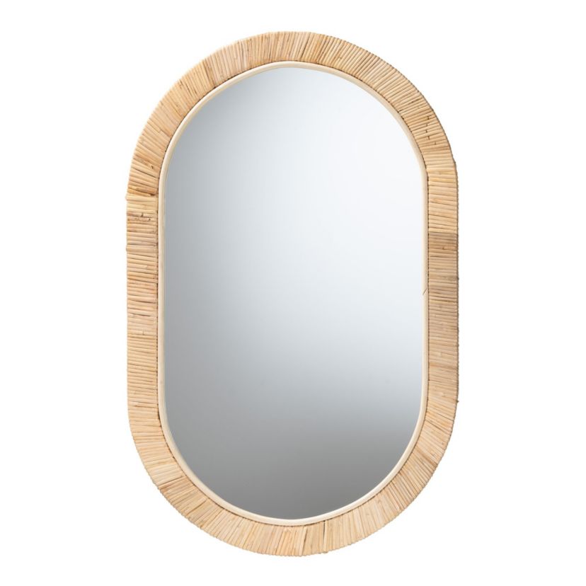Bella Modern Bohemian Natural Brown Mahognay Wood and Natural Rattan Oval Mirror