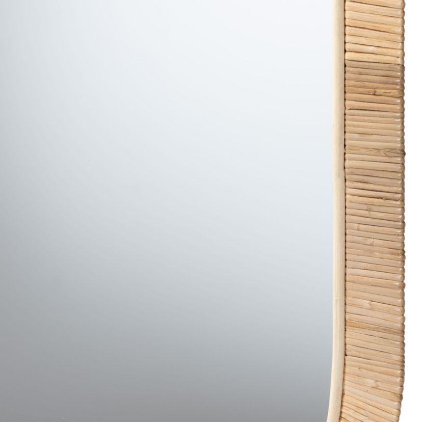 Bella Modern Bohemian Natural Brown Mahognay Wood and Natural Rattan Oval Mirror