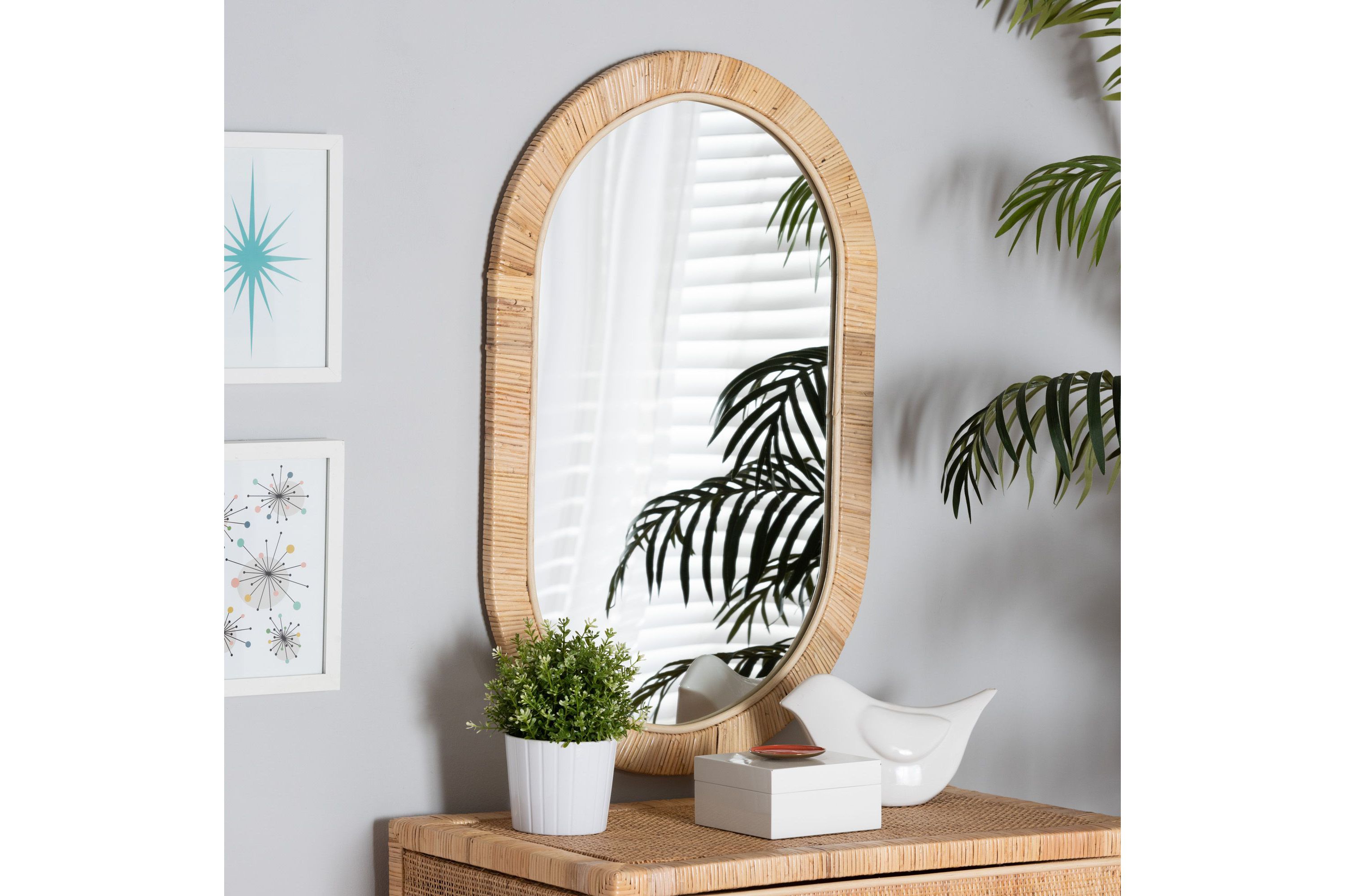 Bella Modern Bohemian Natural Brown Mahognay Wood and Natural Rattan Oval Mirror