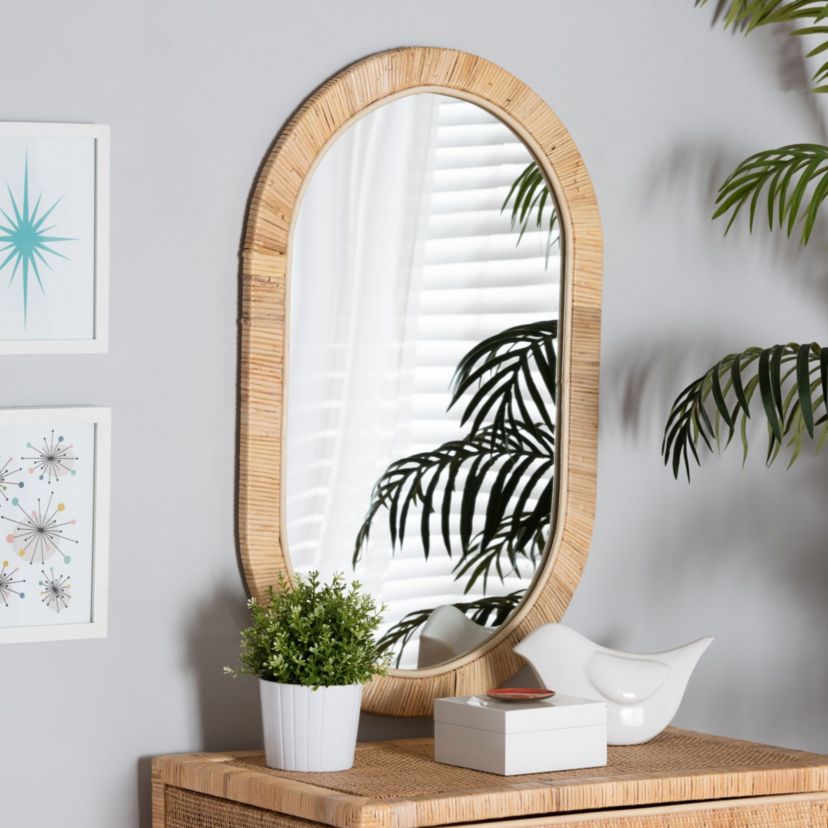 Bella Modern Bohemian Natural Brown Mahognay Wood and Natural Rattan Oval Mirror