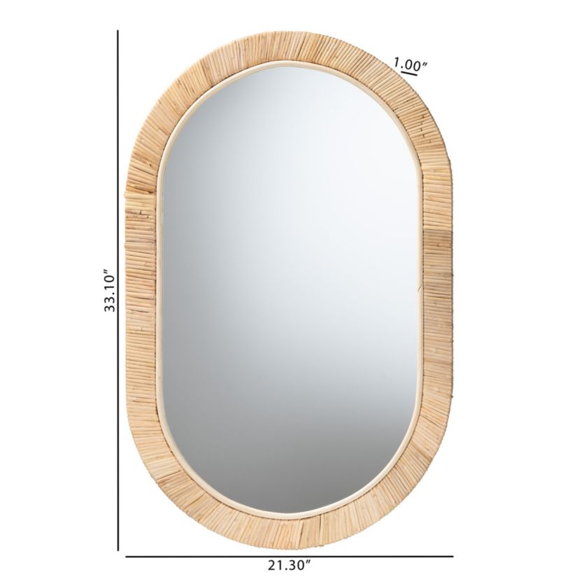 Bella Modern Bohemian Natural Brown Mahognay Wood and Natural Rattan Oval Mirror