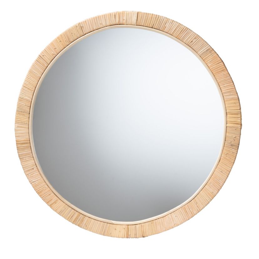 Bella Modern Bohemian Natural Brown Mahognay Wood and Natural Rattan Round Mirror