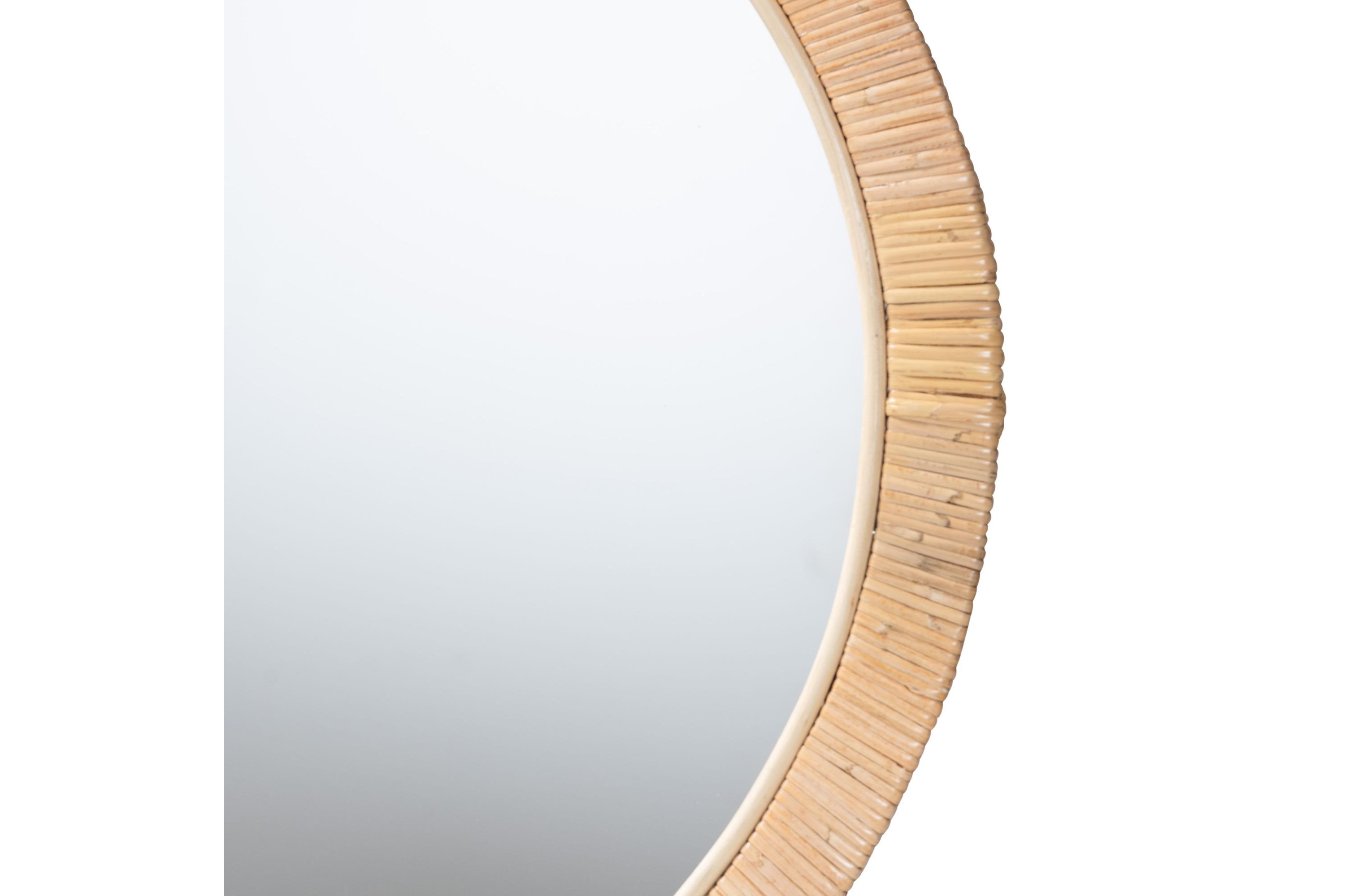 Bella Modern Bohemian Natural Brown Mahognay Wood and Natural Rattan Round Mirror