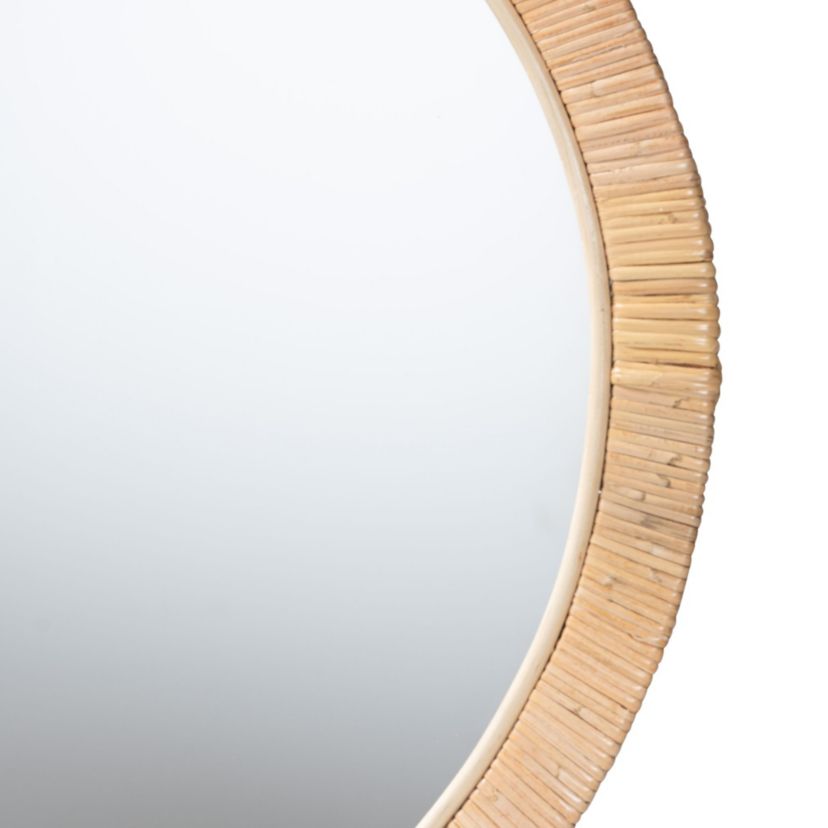 Bella Modern Bohemian Natural Brown Mahognay Wood and Natural Rattan Round Mirror