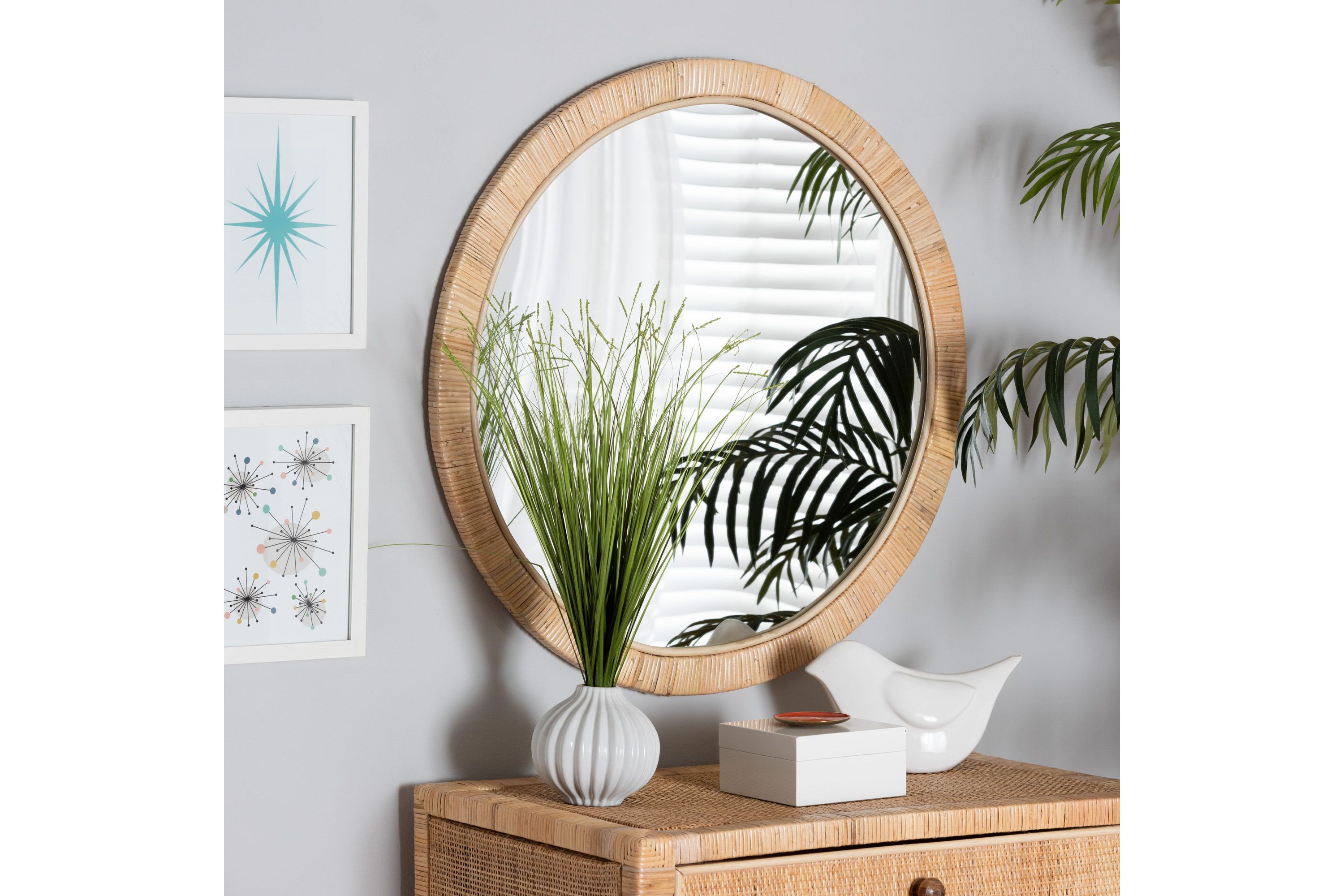 Bella Modern Bohemian Natural Brown Mahognay Wood and Natural Rattan Round Mirror