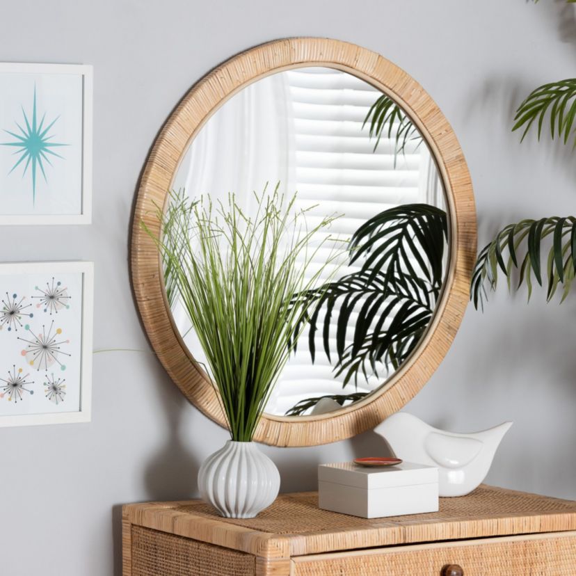 Bella Modern Bohemian Natural Brown Mahognay Wood and Natural Rattan Round Mirror