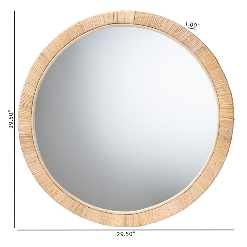 Bella Modern Bohemian Natural Brown Mahognay Wood and Natural Rattan Round Mirror