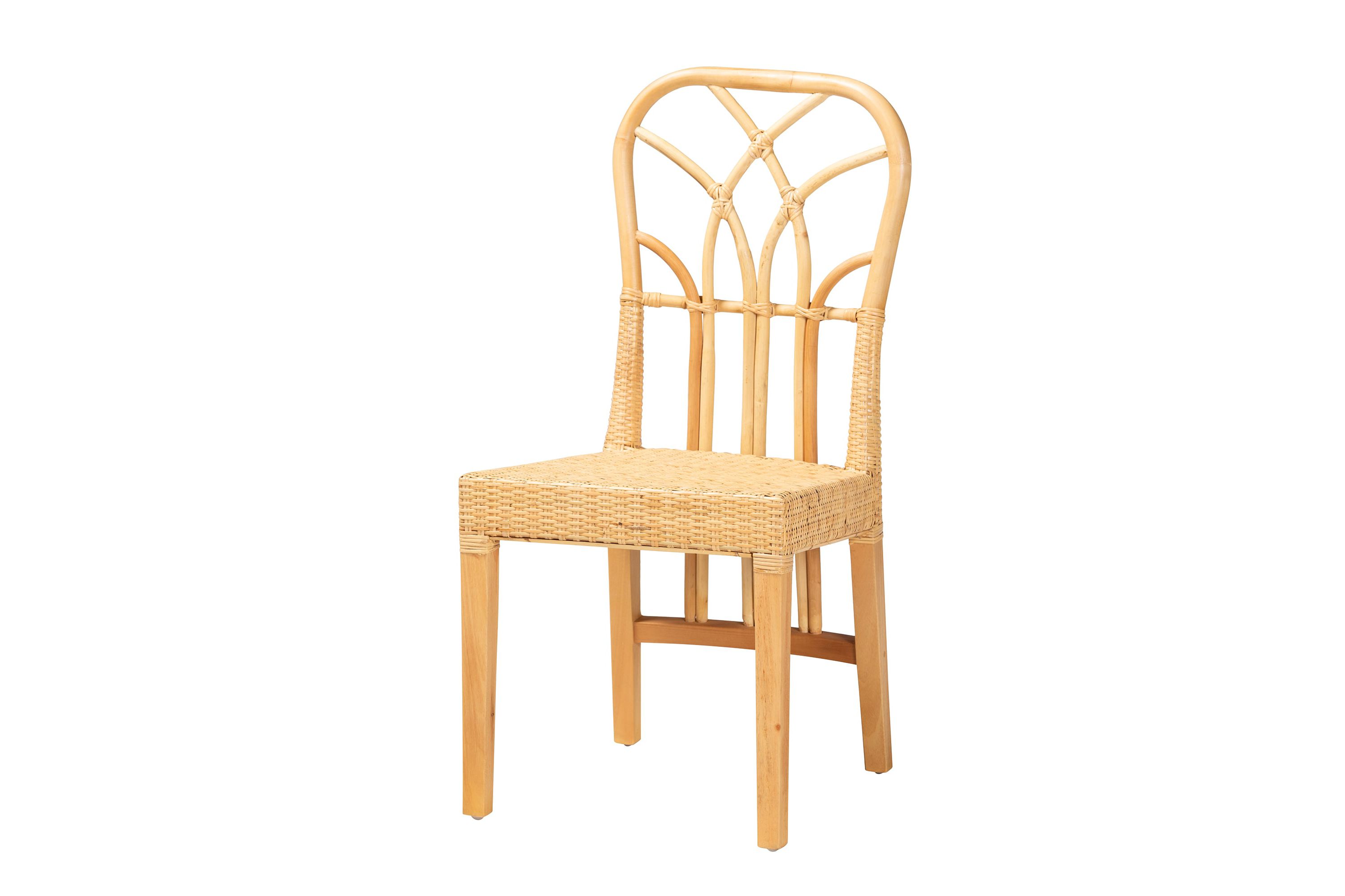 Monaco Modern Bohemian Oak Brown Finished Mahogany Wood and Natural Rattan Dining Chair