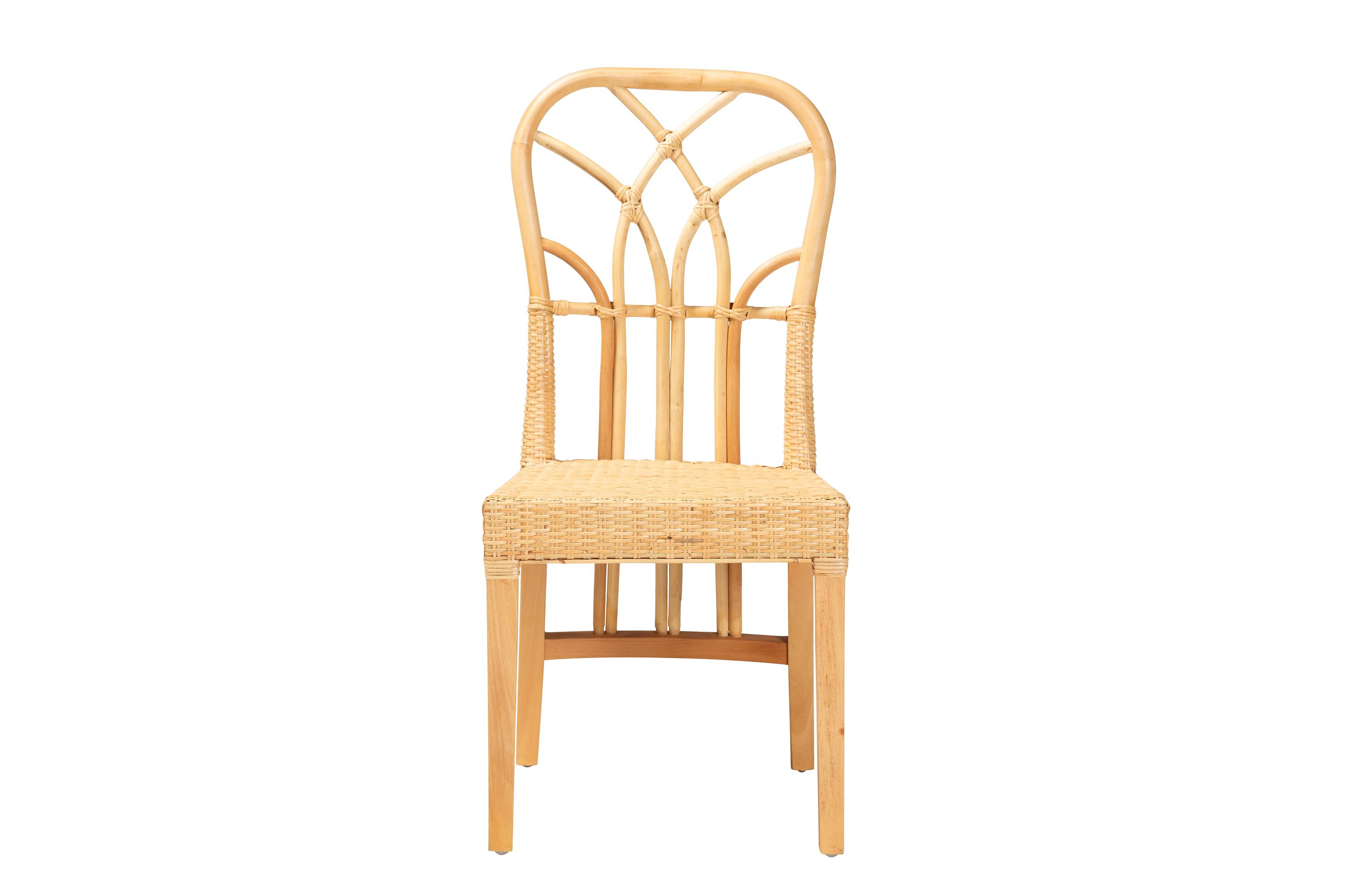 Monaco Modern Bohemian Oak Brown Finished Mahogany Wood and Natural Rattan Dining Chair