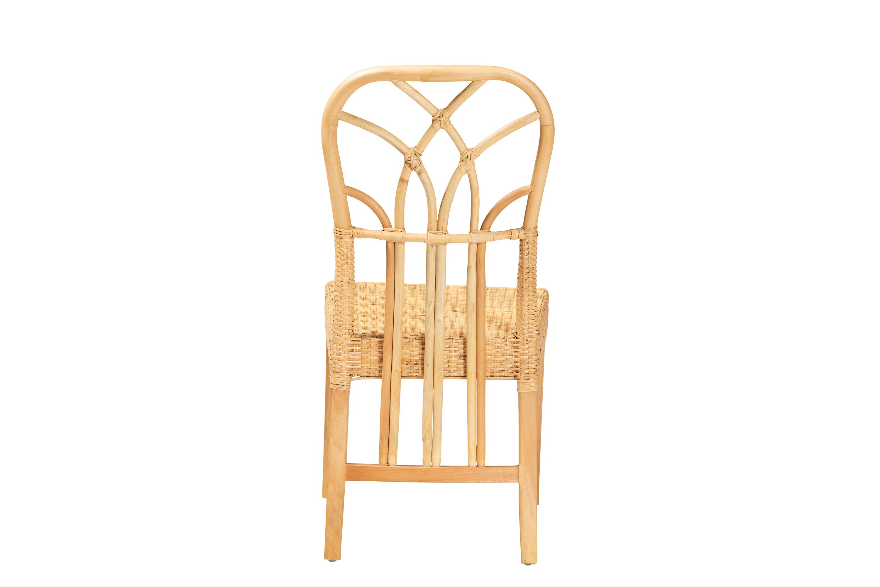 Monaco Modern Bohemian Oak Brown Finished Mahogany Wood and Natural Rattan Dining Chair