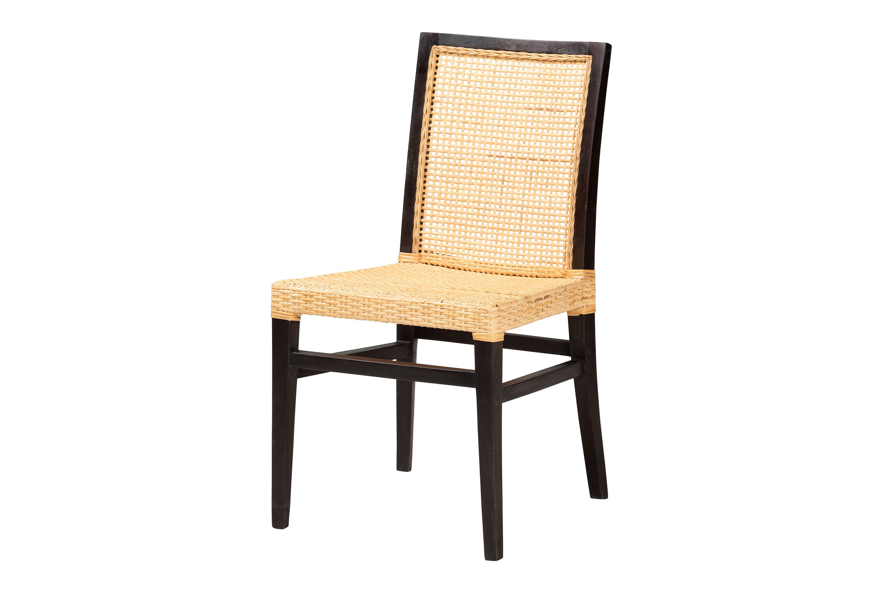 Lingga Modern Bohemian Dark Brown Mahogany Wood and Natural Rattan Dining Chair