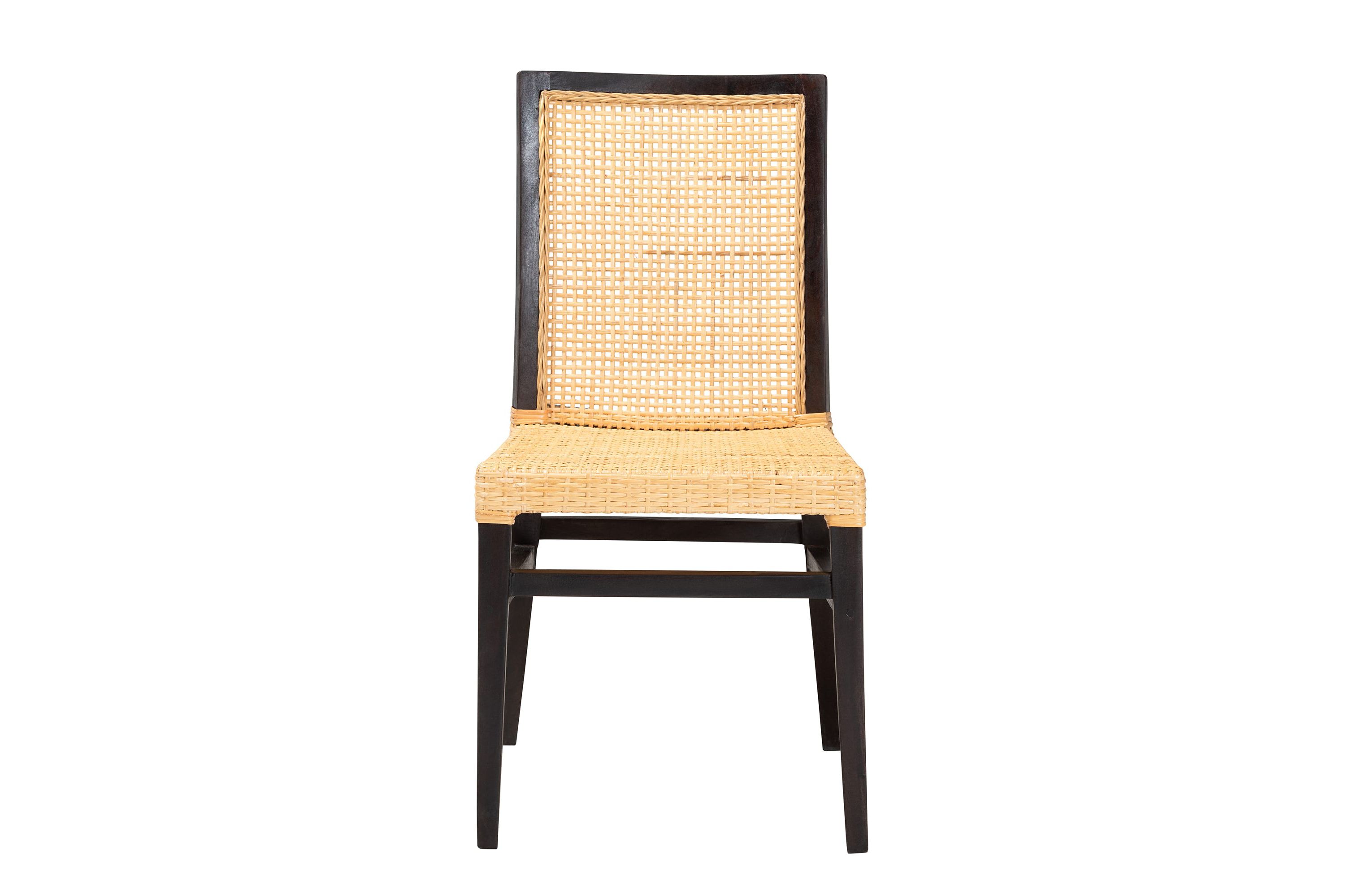 Lingga Modern Bohemian Dark Brown Mahogany Wood and Natural Rattan Dining Chair