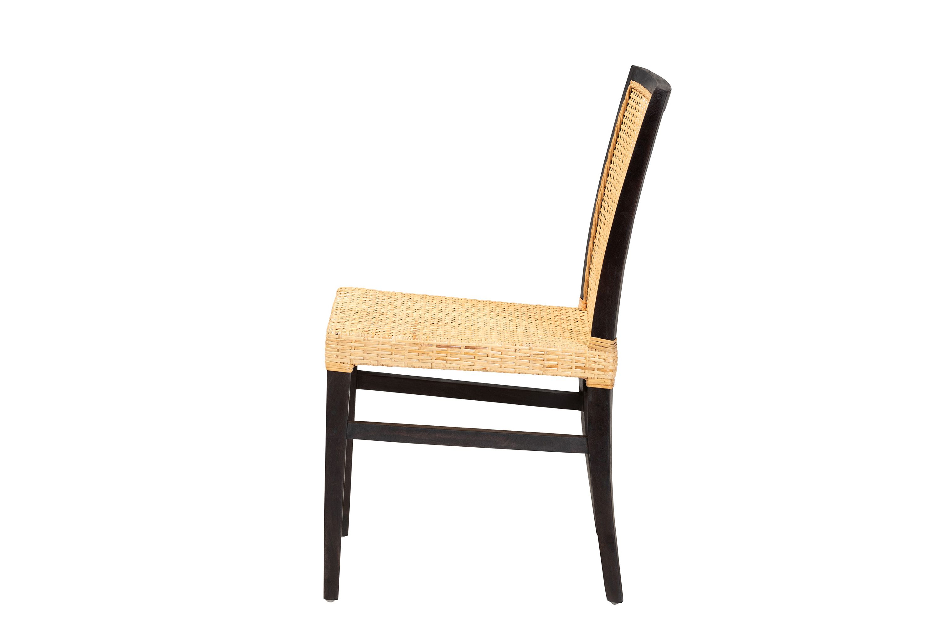 Lingga Modern Bohemian Dark Brown Mahogany Wood and Natural Rattan Dining Chair