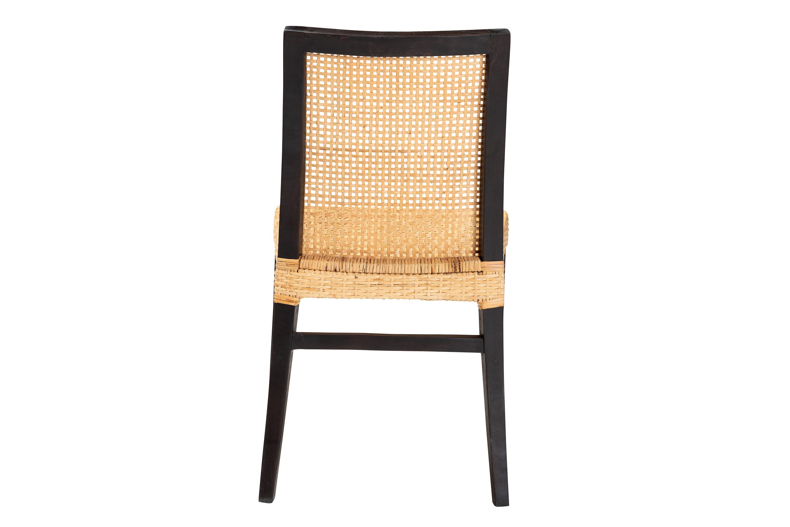 Lingga Modern Bohemian Dark Brown Mahogany Wood and Natural Rattan Dining Chair