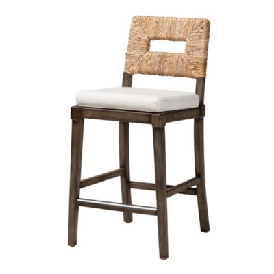 Porsha Modern Bohemian Dark Brown Finished Mahogany Wood and Natural Rattan Counter Stool