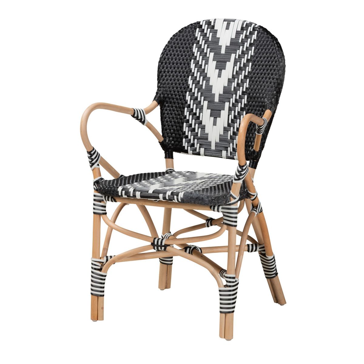 Wallis Modern French Two-Tone Black and White Weaving and Natural Rattan Indoor Dining Chairs