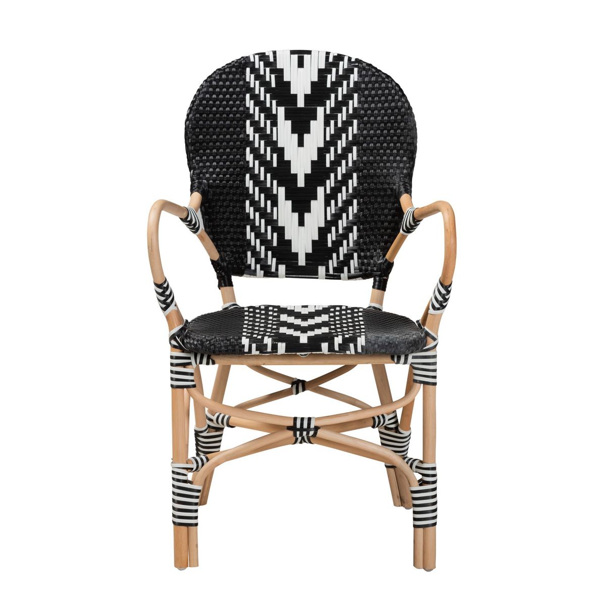 Wallis Modern French Two-Tone Black and White Weaving and Natural Rattan Indoor Dining Chairs