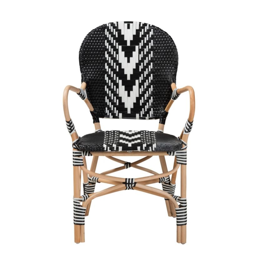 Wallis Modern French Two-Tone Black and White Weaving and Natural Rattan Indoor Dining Chairs