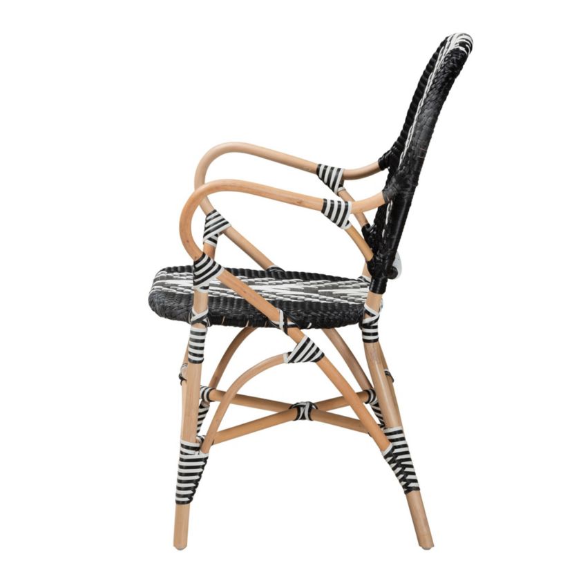 Wallis Modern French Two-Tone Black and White Weaving and Natural Rattan Indoor Dining Chairs